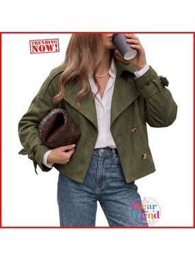 Faux Suede Double Breasted Cropped Trench Coat Tie Cuff